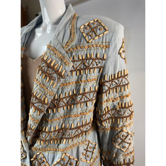 Sandy Starkman Chambray Embroidered Wood Beaded Cotton Jacket Vintage Size Large - Picture 3 of 16